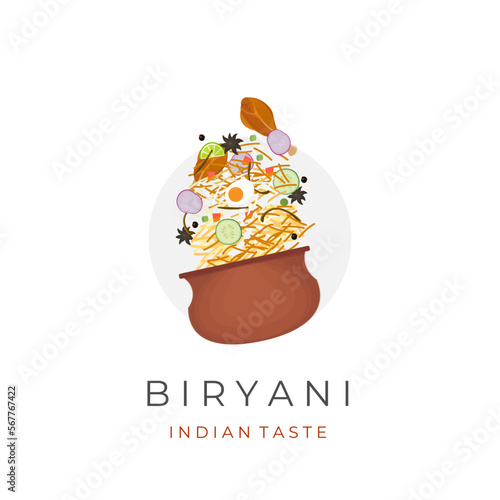 Biryani Rice Vector Illustration Logo With Complete Side Dishes Served In An Indian Pot