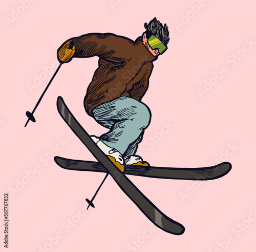 Skier jumping in the air skis crossed. Skier isolated winter sports vector illustration. photo