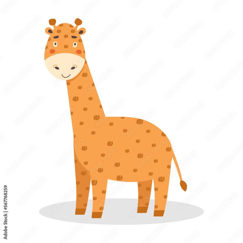 Funny smiling African animal. Cute little baby giraffe cartoon character. Tropical herbivore. Colored flat cartoon vector illustration of happy childish character isolated on white background Funny smiling African animal. Cute little baby giraffe cartoon character. Tropical herbivore. Colored flat cartoon vector illustration of happy childish character isolated on white background