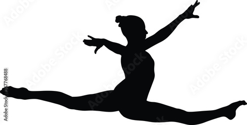vector; gymnastics; split; leap; woman; gymnast; jump; black; silhouette; isolated; girl; exercise; sporty; feet; graceful; stretching; flexibility; athlete; female; sport; competition; gym; gymnastic