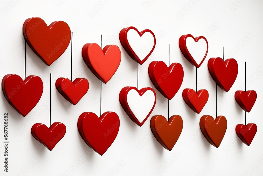 Red hearts on a white background. Valentine's day background. AI Generated.
