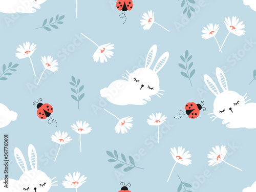 Seamless pattern with cute flower, summer plant bunny rabbit cartoons and lady bug on blue background vector illustration. Cute floral print.