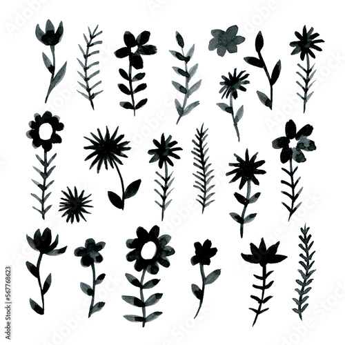 set with simple doodle flowers and leaves. black and white drawing  flowers blots  abstraction