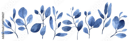 watercolor set with blue eucalyptus leaves. airy delicate print on white background