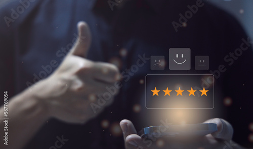 People give five stars review and thumb up on business or customer service. Satisfaction rating and feedback concept.