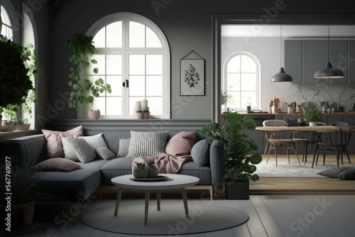 Modern living room. Scandinavian style. 3D render, 3D illustration.