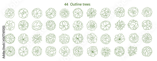 Tree for architectural floor plans. Entourage design. Various trees, bushes, and shrubs, top view for the landscape design plan. Vector illustration.