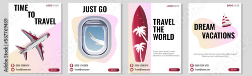 Travel social media post and web banner template design with red accent. Set of web banner, flyer or poster for travel, tourism, adventure company, offer promotion. 
