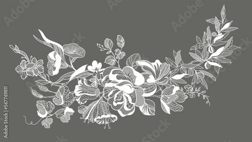Lace flowers and foliage. Vector illustration, bouquet.