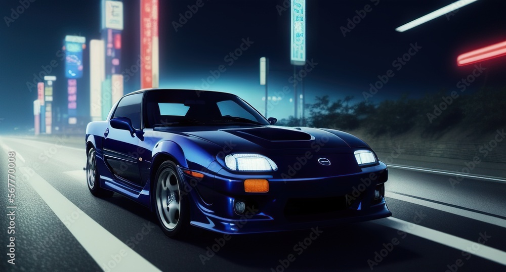 Open Road at Midnight A Sports Car's Journey Through Japan Generative AI Illustration