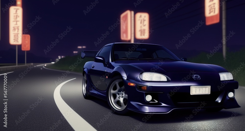 Sports Car on the High Way Road in Japan at Night Time Generative AI Photo Generative AI Illustration