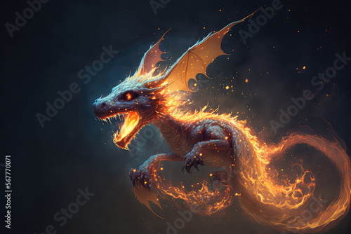 Fire breathes explode from a giant dragon in a black night, the epic battle  evil - concept art (ai generated) © ImagineDesign