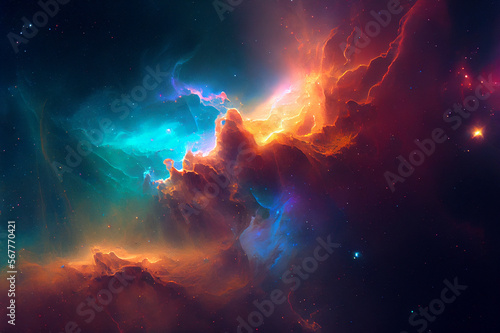 Glowing huge nebula with young stars. Space background, 3d illustration. Generating Ai. © ckybe