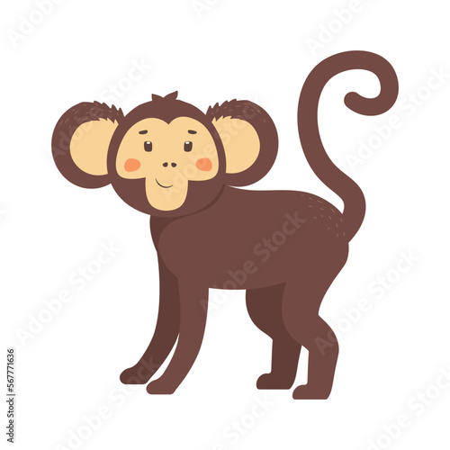 Cute african monkey isolated on white background. Side view of marmoset or macaque with brown hair.  Exotic jungle animal standing on all four limbs. Colored flat vector illustration