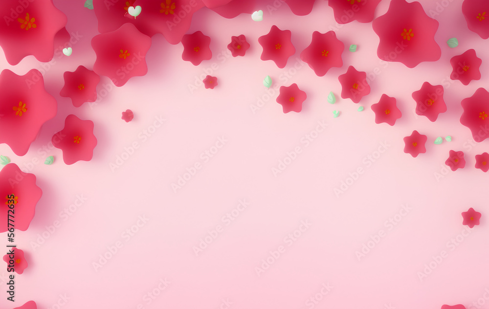 Red flowers Background, cute 3d render, pastel color palette, 4k