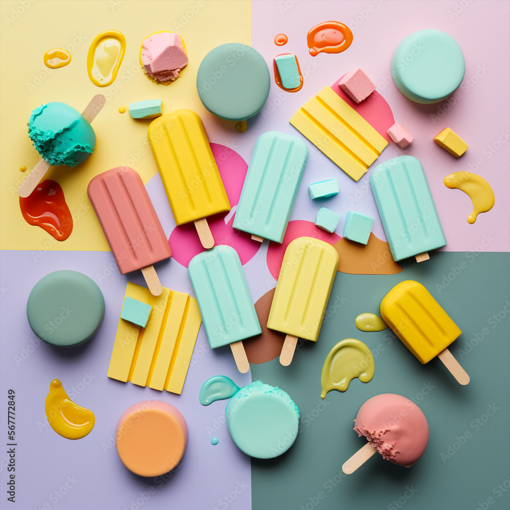 Generative ai rainbow colored fruity set of several frozen popsicles isolated background Generative ai rainbow colored fruity set of several frozen popsicles isolated background