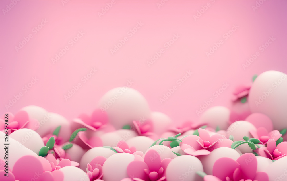 Pink flowers and white rocks, blurred background cute 3d render, pastel color palette, 4k