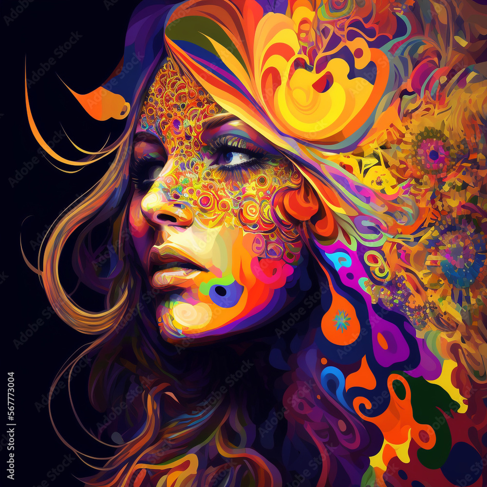 Generative ai iridescent rainbow psychedelic woman portrait