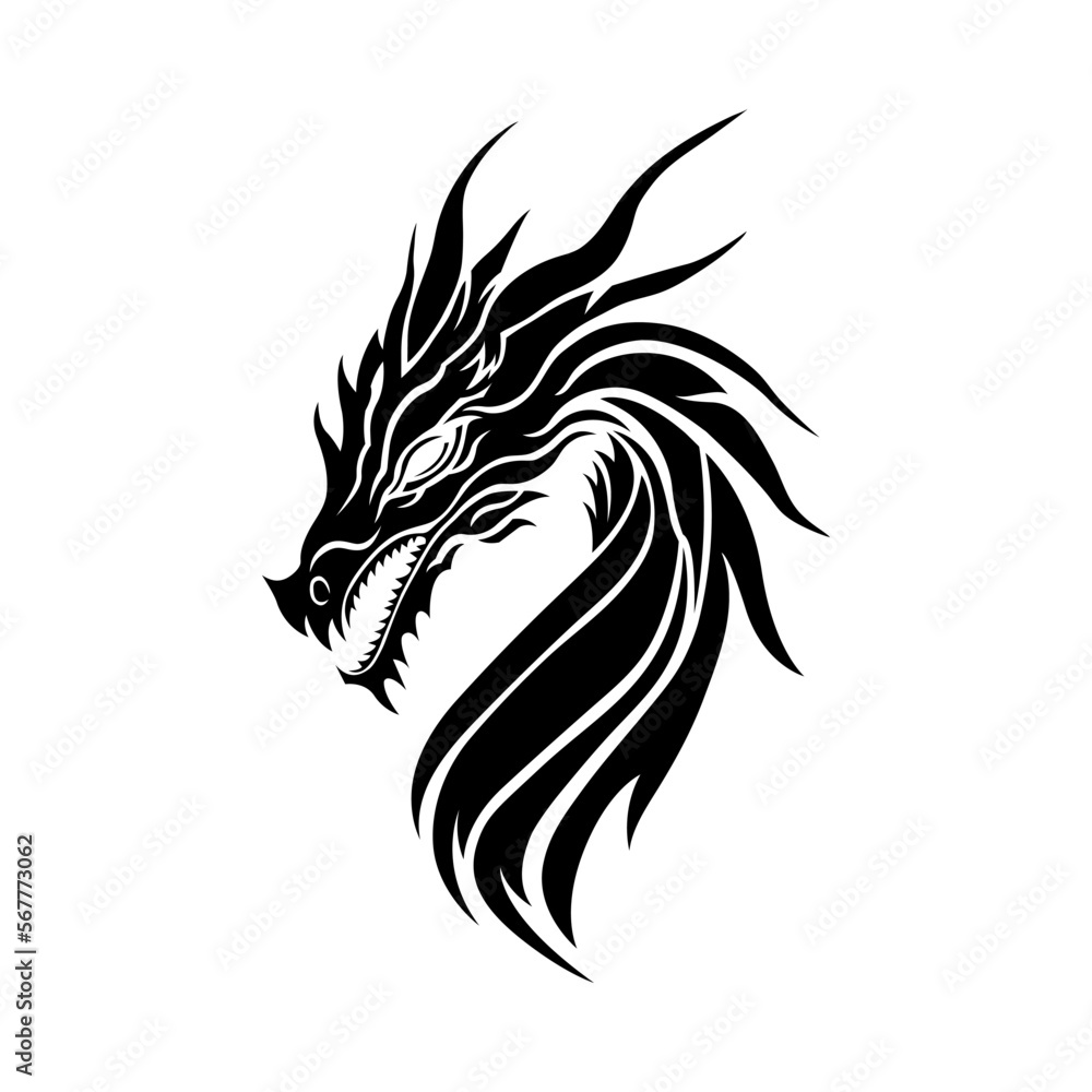 Black dragon illustration. Cut out isolated vector image, dragon head ...