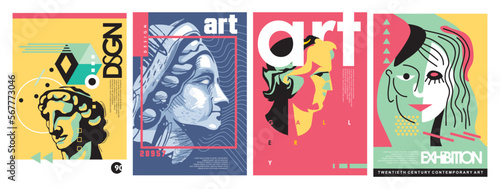 Art exhibition set of creative brochure covers and posters. Roman and Greek antique statues vector illustrations. Gallery and museum advertisement graphics.