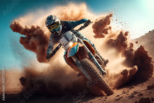 Extreme Motocross MX Rider riding on a dirt track,Generative ai photo