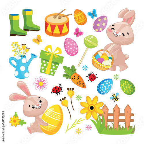 Easter big holiday set with eggs and rabbit in cartoon style. Element for design