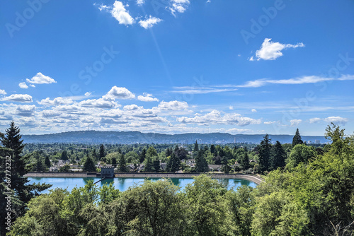 Mt. Tabor Reservoir Full in Summer With Portland, OR Skyline