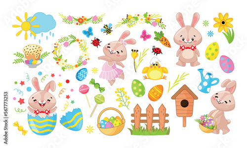 Easter big holiday set with eggs and rabbit in cartoon style. Element for design