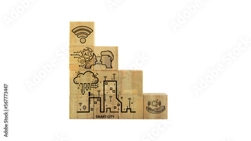 Background concept wood block with ai artificial intelligence technology, machine learning, brain digital network communication, computer science futuristic, cloud computing, icon wooden cube on white