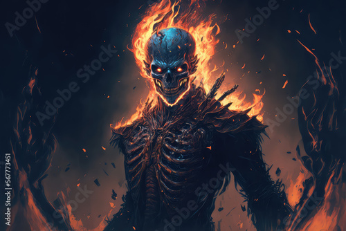 illustration painting of horror character of demon skeleton with fire flames in hellfire, digital art style. (ai generated).