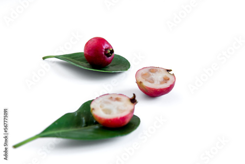 Red Cattley guava fruits and leaves on white background (Psidium cattleyanum) photo