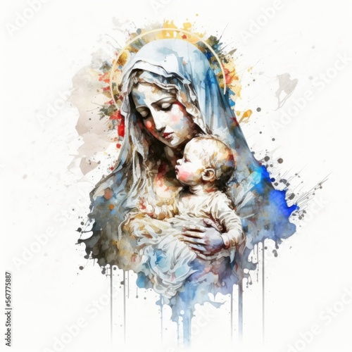 Holy mary holding baby jesus watercolor beautiful art, Generative Ai