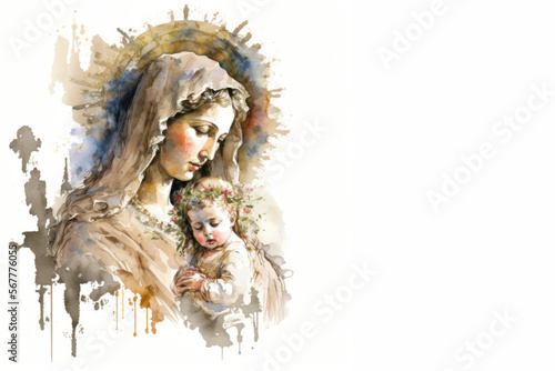 Valokuvatapetti White religious card of the nativity, Holy Mary with baby Jesus, Generative Ai
