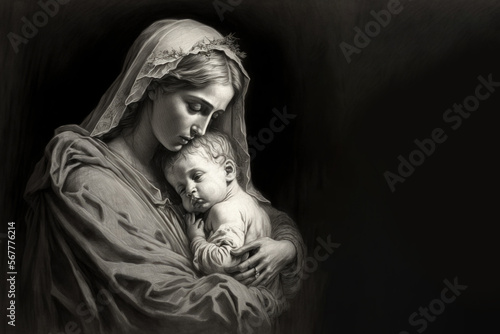 Mary and baby jesus, low key drawn, religious card, Generative Ai photo