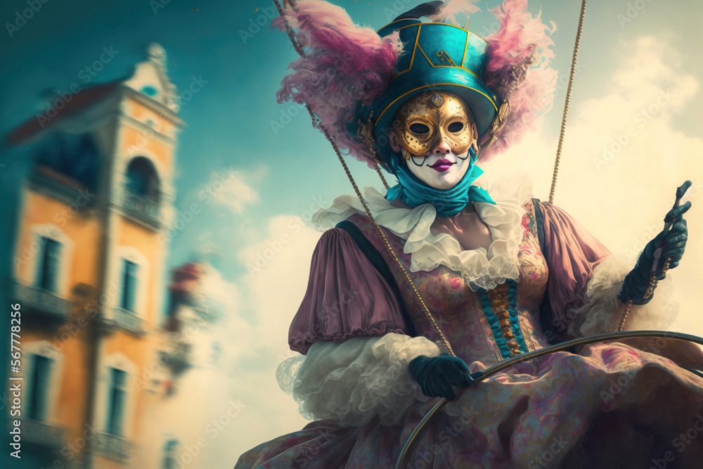 Woman disguised with carnival mask, wig and hat in the city of Venice. AI generated. Woman disguised with carnival mask, wig and hat in the city of Venice. AI generated.