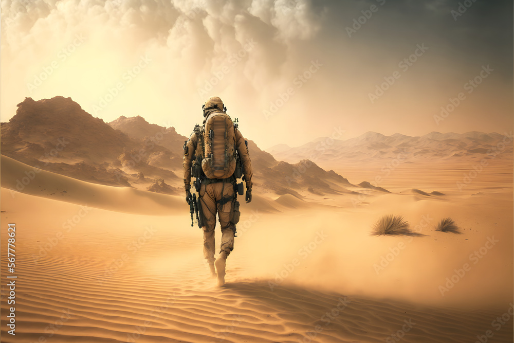 solider walking through desert, generative ai
