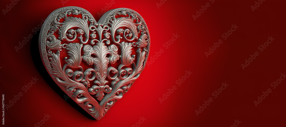 perspective view of a valentines heart made out of a metal barock pattern, against a red background, illustration made with generative ai perspective view of a valentines heart made out of a metal barock pattern, against a red background, illustration made with generative ai