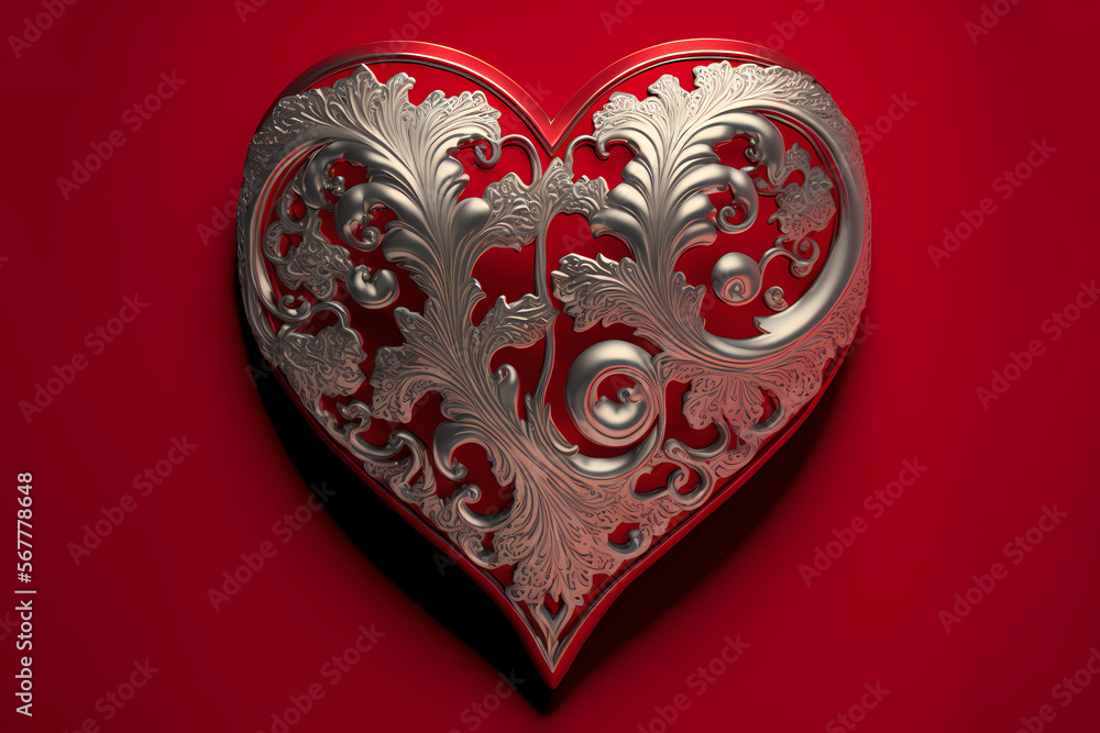 straight view of a valentines heart made out of metal barock pattern and a red frame, against a red background, illustration made with generative ai