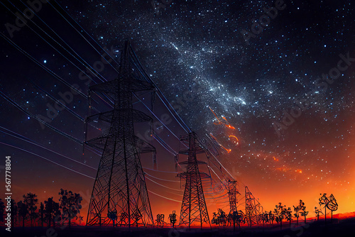 Electricity transmission towers with orange glowing wires the starry night sky