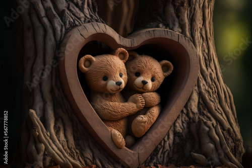 cute teddy bears cuddling in a valentines heart shaped hole carved out of a tree in the forest, illustration made with generative ai photo