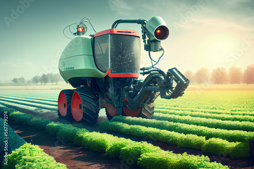Futuristic farming automation using advanced machines with robotic arm to spray fertilizer on field