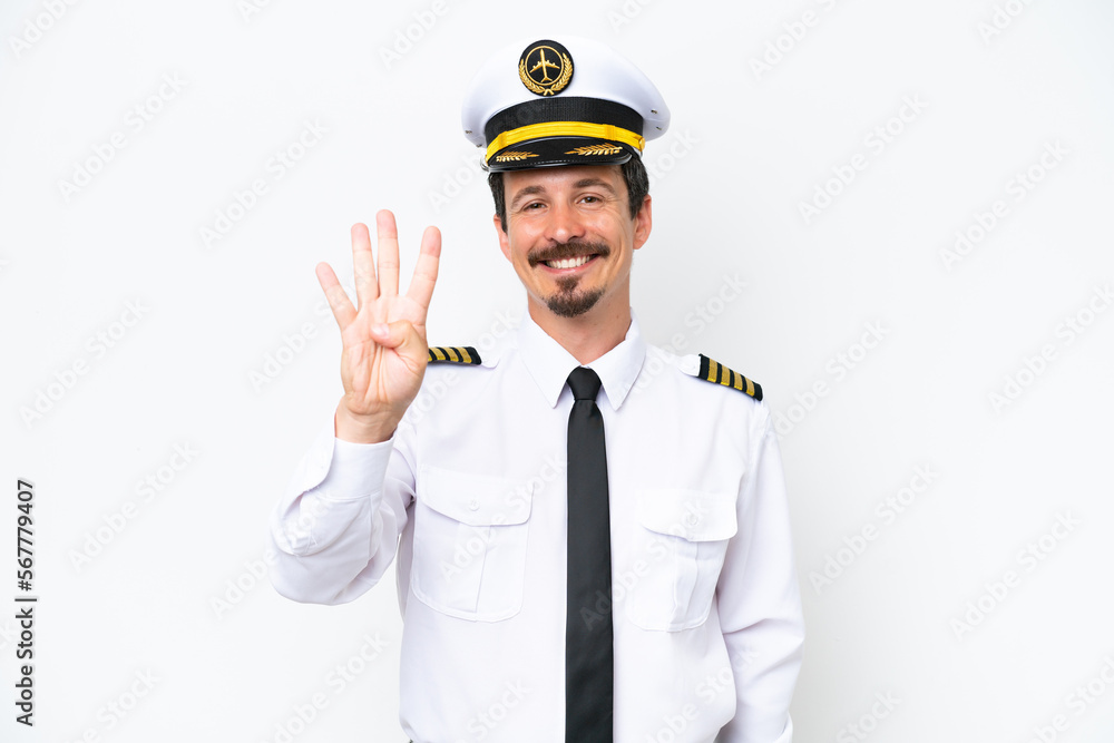 Airplane caucasian pilot isolated on white background happy and counting four with fingers