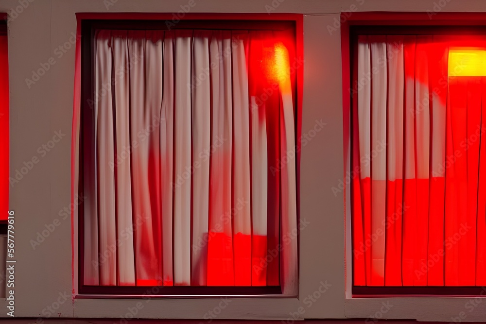 View of the window in red light at night. Red light district windows. Isolated on a black background. Red light from the window. The red window shines mystically at night - generative ai View of the window in red light at night. Red light district windows. Isolated on a black background. Red light from the window. The red window shines mystically at night - generative ai