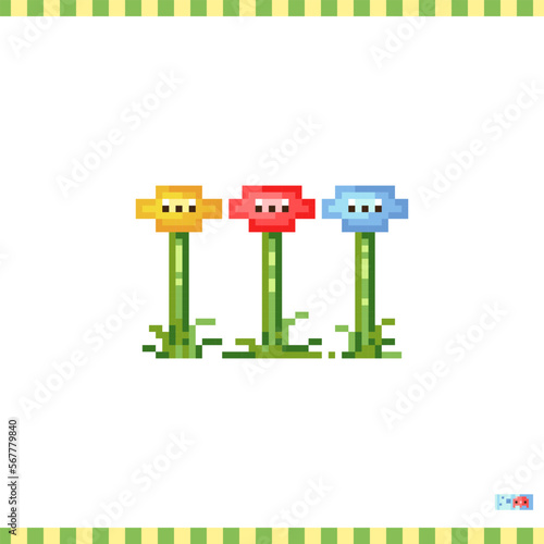 Pixel art flowers icon. Vector 8 bit style illustration of  yellow, red and blue flowers. Cute decorative element of retro video game computer graphic for game asset, sprite, sticker or web.