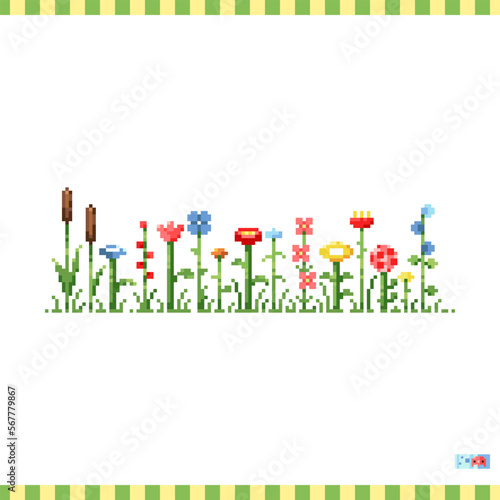 Pixel art line of flowers icon. Vector 8 bit style illustration of line of wildflowers. Cute decorative forest element of retro video game computer graphic for game asset, sprite, sticker or web.