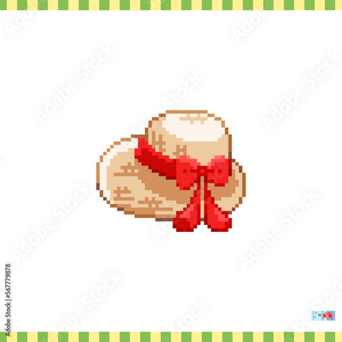 Pixel art straw hat icon. Vector 8 bit style illustration of fashion beach hat. Cute decorative element of retro video game computer graphic for game asset, sprite, sticker or web.