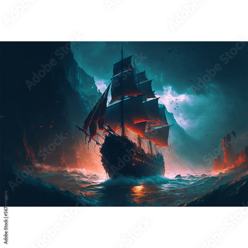 Ship in ocean in night storm