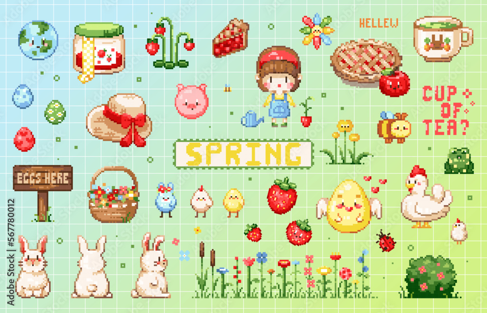 Vetor de Spring pixel art set. 8 bit elements of spring and Easter for ...