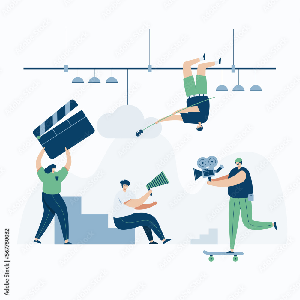 Video Grapher working with video web template, cartoon style Screen web template for mobile phone, landing page, template, UI, web, mobile app, poster, banner, flat Vector illustration Video Grapher working with video web template, cartoon style Screen web template for mobile phone, landing page, template, UI, web, mobile app, poster, banner, flat Vector illustration