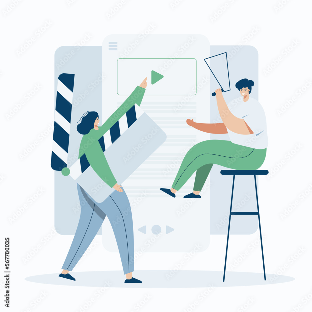 Video Grapher working with video web template, cartoon style Screen web template for mobile phone, landing page, template, UI, web, mobile app, poster, banner, flat Vector illustration Video Grapher working with video web template, cartoon style Screen web template for mobile phone, landing page, template, UI, web, mobile app, poster, banner, flat Vector illustration